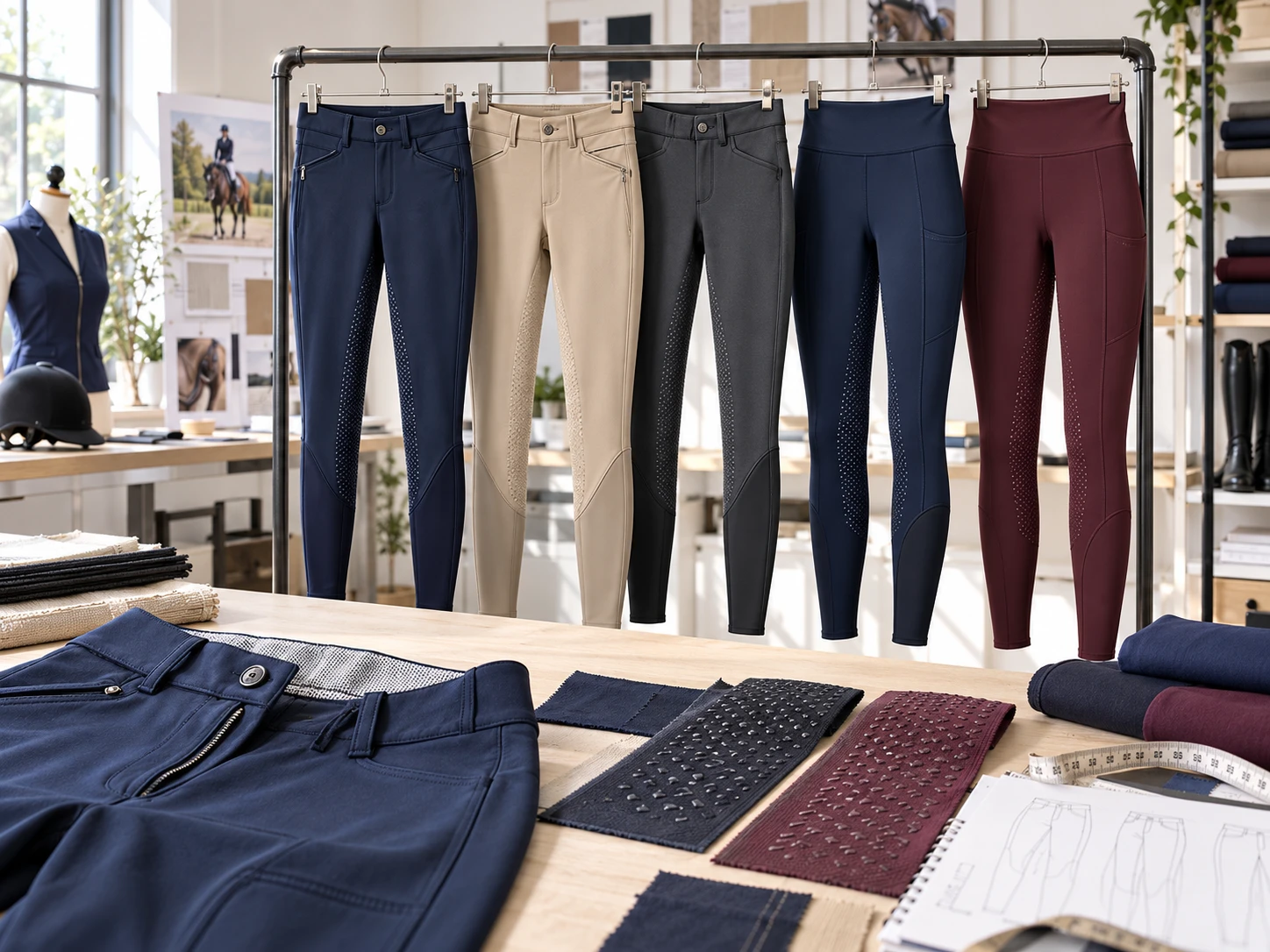 Pantalons d’équitation en plusieurs coloris suspendus sur un portant
