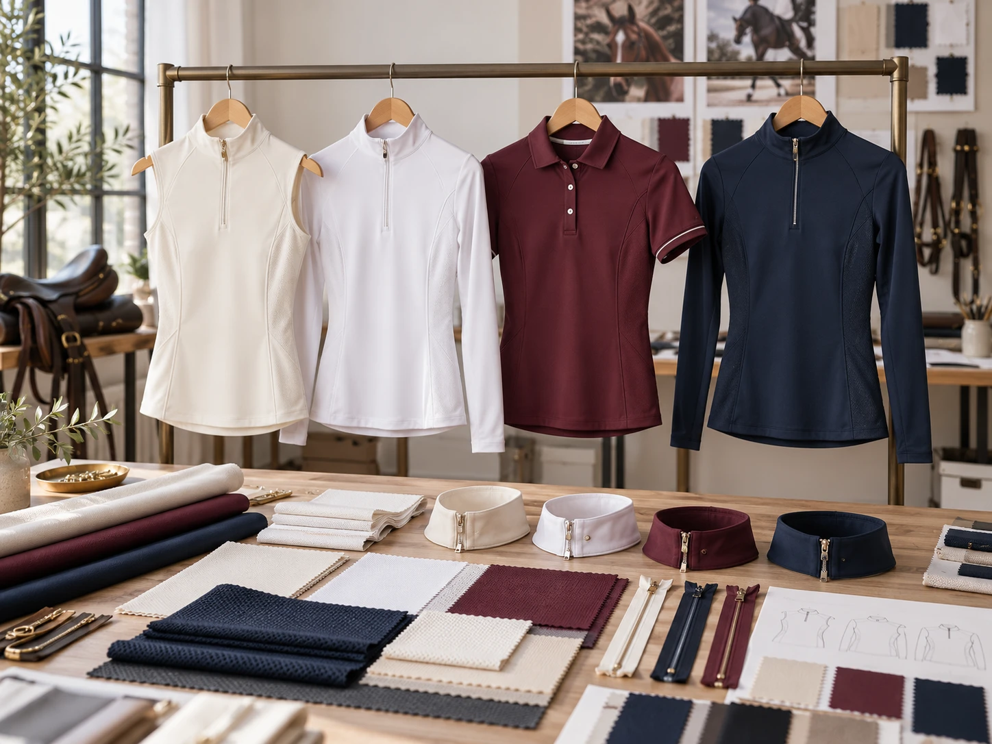 Chemises et polos de concours suspendus en boutique, tissus sur la table
