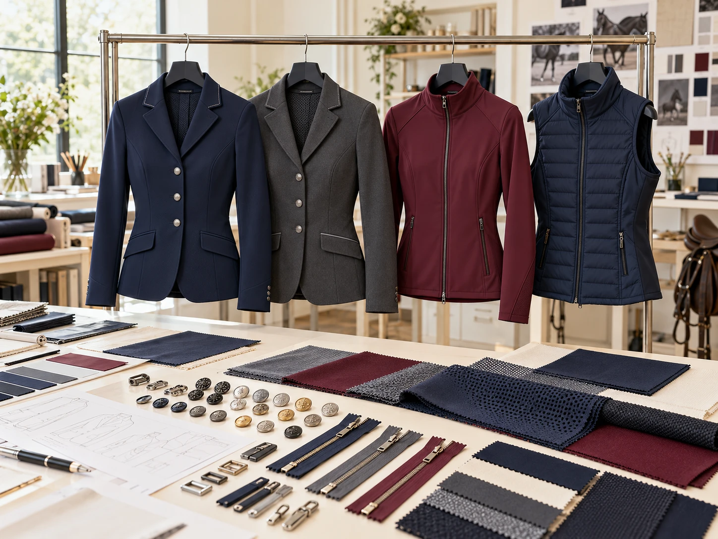 Studio de développement : vestes de concours et vestes d’entraînement sur un portant, tissus et accessoires sur la table