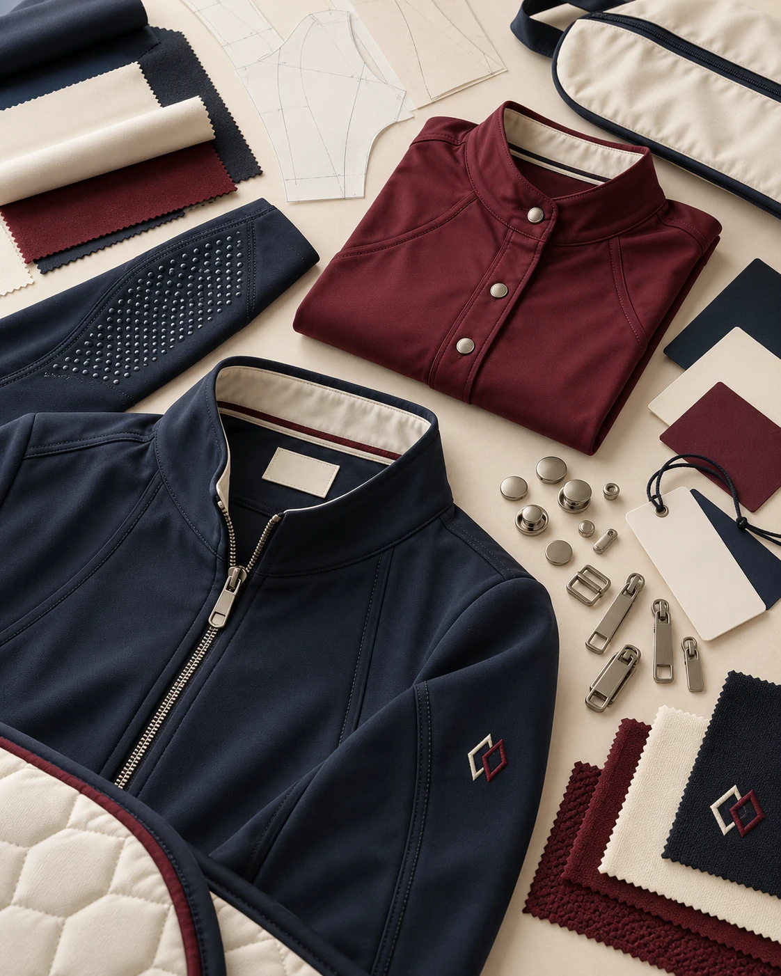Veste zippée marine, carrés brodés et tissus bordeaux posés sur la table de développement