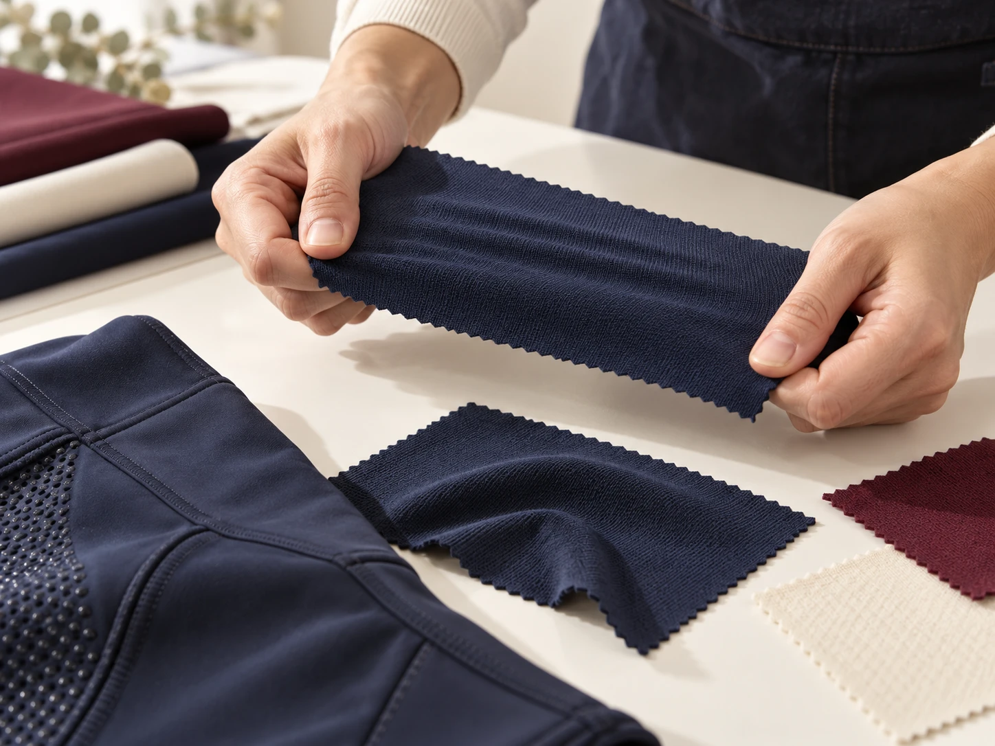 Coupon de tissu stretch marine tenu à deux mains au-dessus de la table