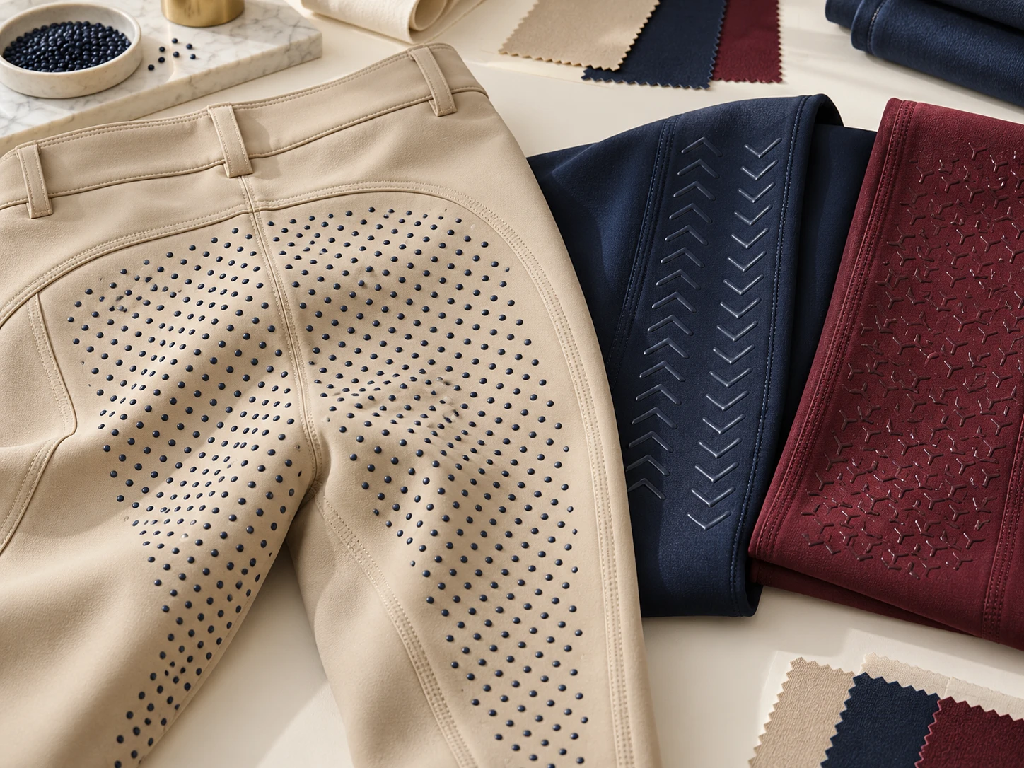 Grip silicone sur un pantalon d’équitation sable, posé à côté de tissus marine et bordeaux