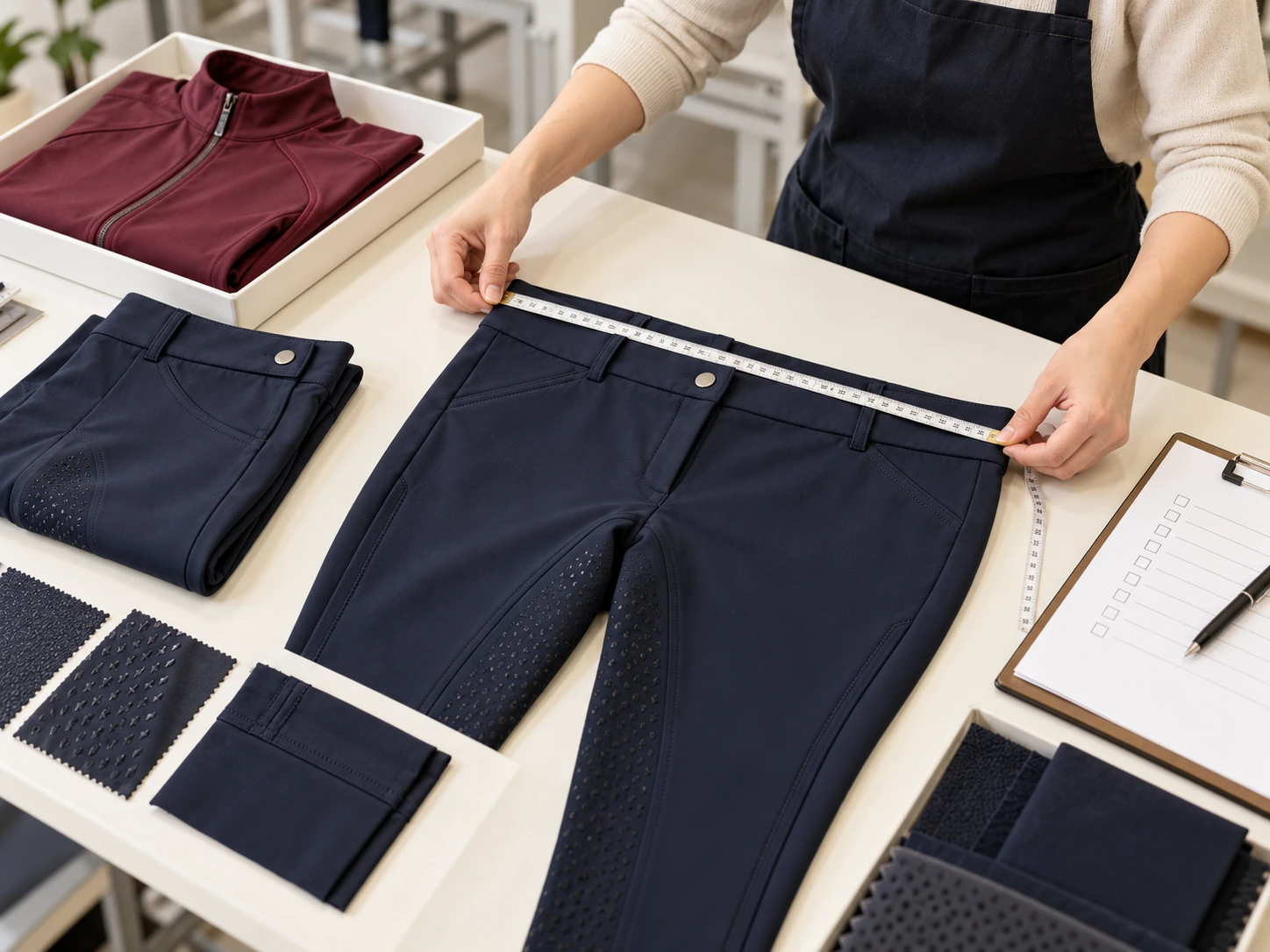 Mesure d’un pantalon d’équitation posé à plat, mètre ruban sur la ceinture