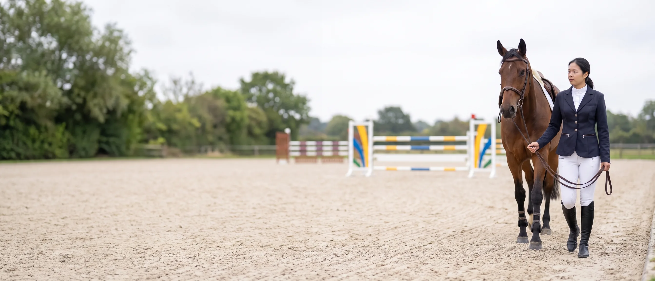 Cavalière en veste de concours et pantalon blanc menant son cheval bai sur la carrière, obstacles en arrière-plan