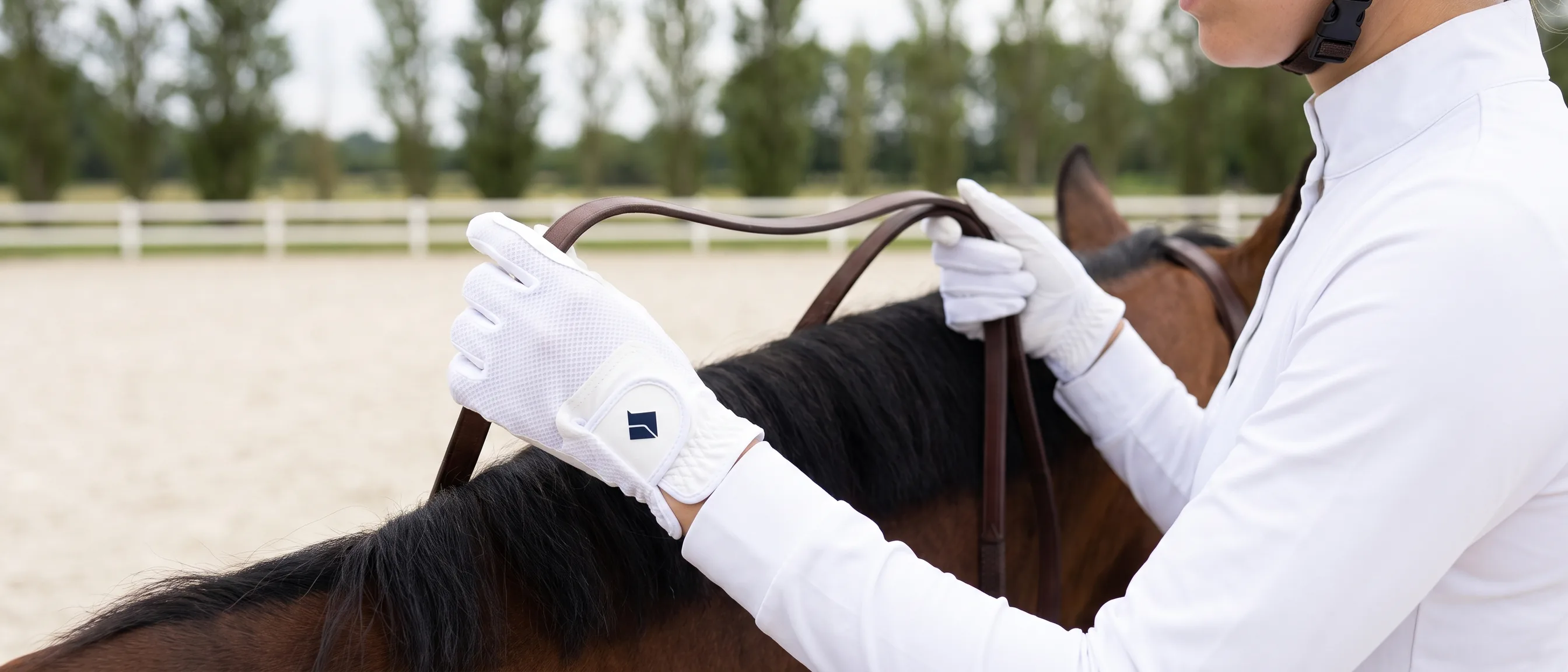 Gants d’équitation blancs, logo sur la patte de serrage, mains qui rassemblent les rênes sur l’encolure