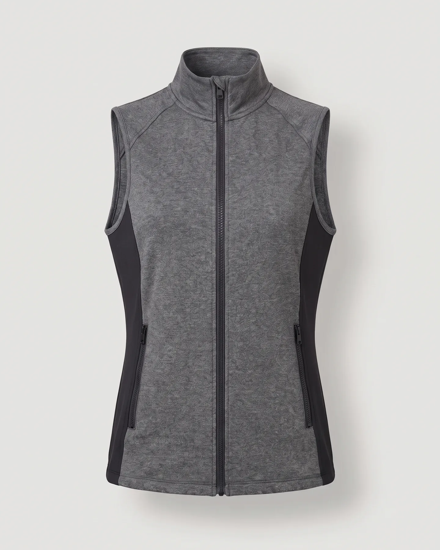 Gilet d’équitation gris sans manches à empiècements latéraux noirs, à plat