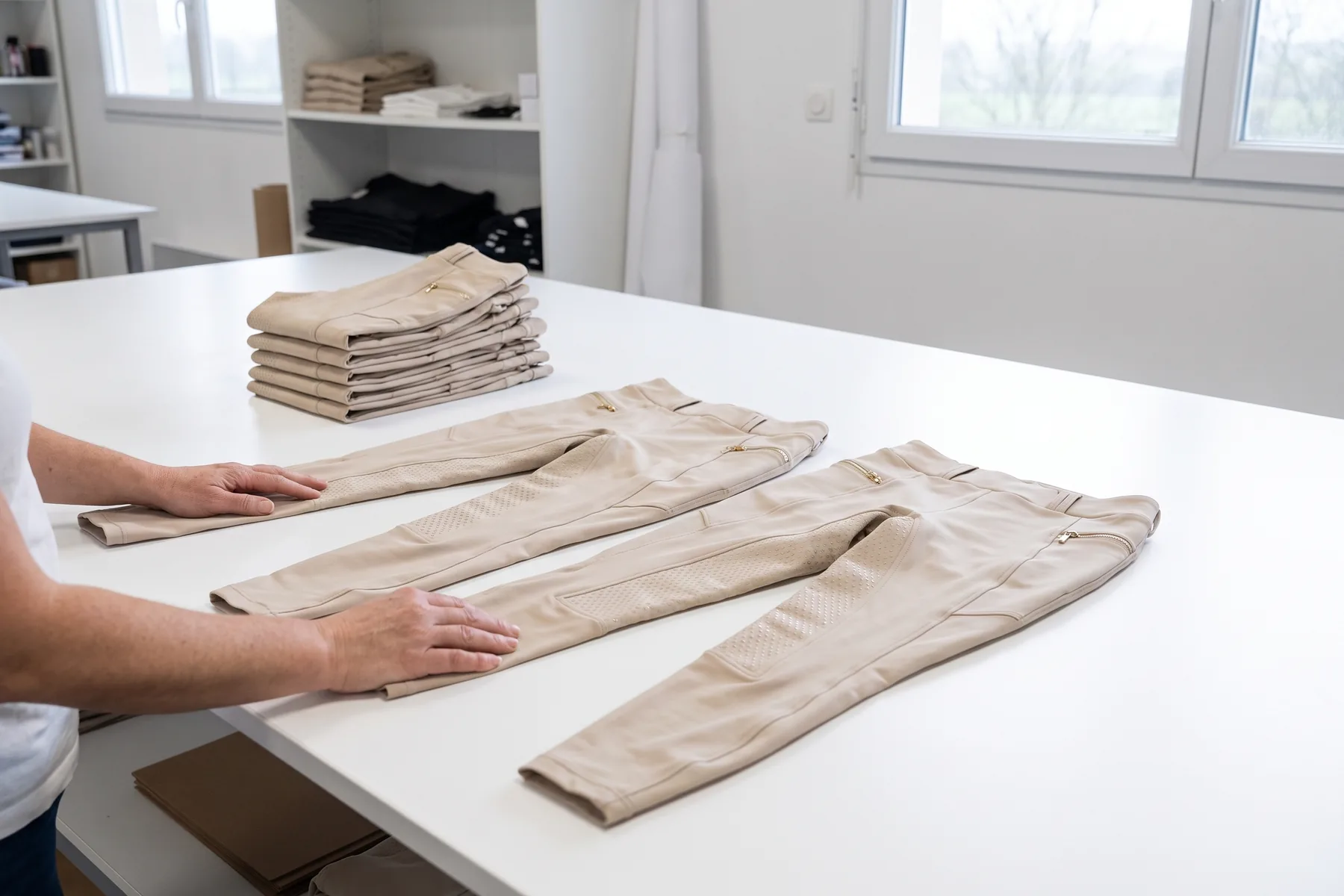 Mains vérifiant un pantalon d’équitation sable posé à plat sur la table