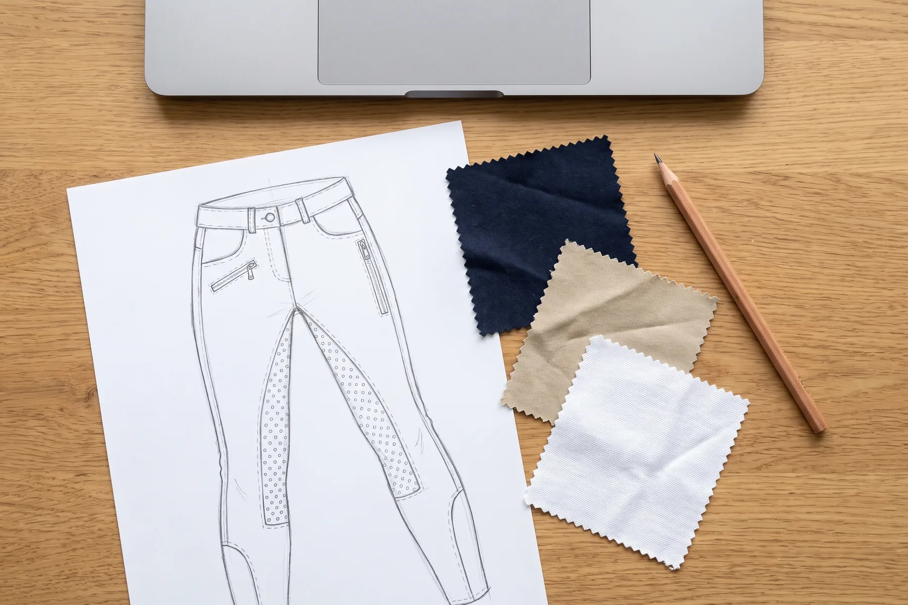 Croquis d’un pantalon d’équitation, coupons de tissu et carnet sur un bureau, au moment de préparer la liste