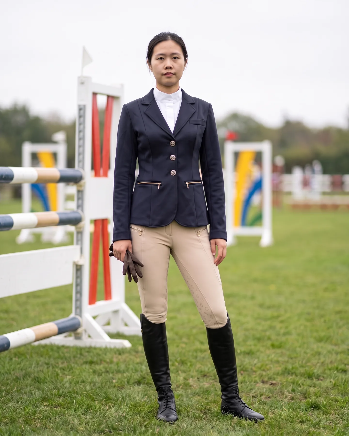 Cavalière en tenue de concours au bord du terrain d’obstacles, veste marine et pantalon sable