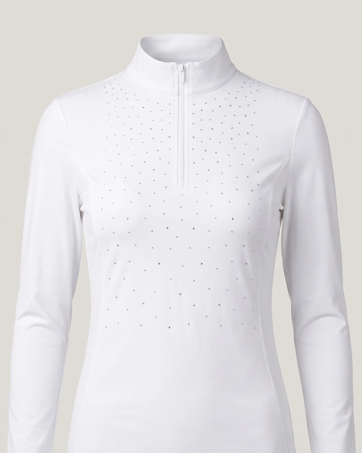 Chemise de concours d’équitation blanche à manches longues, col montant zippé et semis de strass