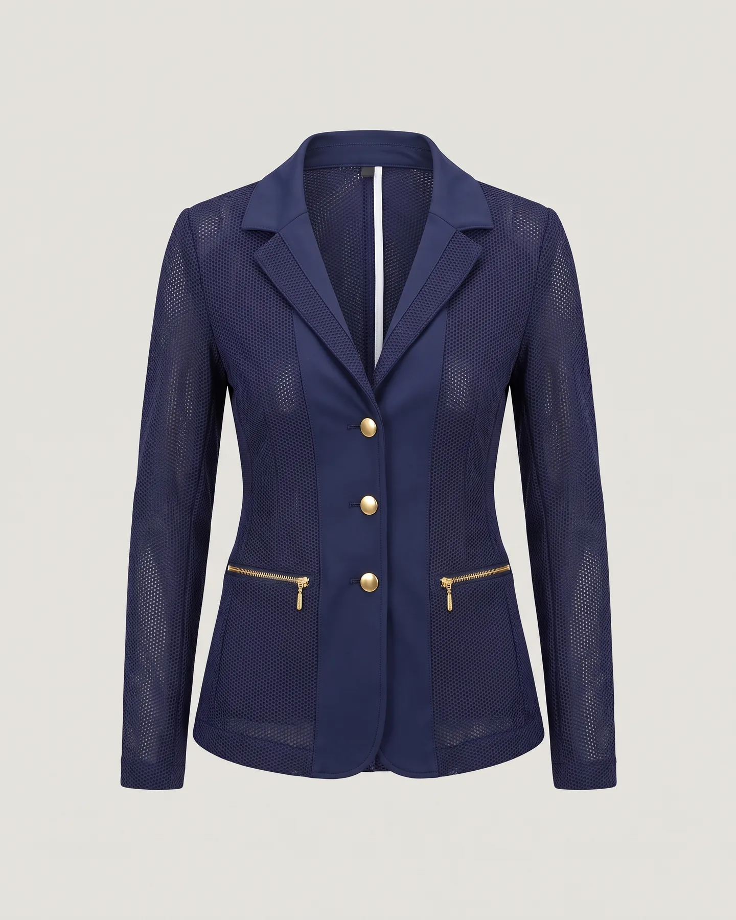 Veste de concours marine à boutons dorés, empiècements en mesh