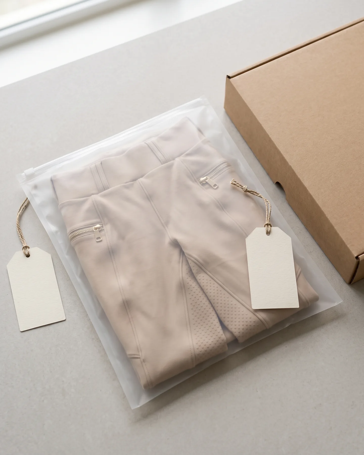 Vêtement plié dans un sachet transparent avec une étiquette cartonnée vierge, à côté d’un carton