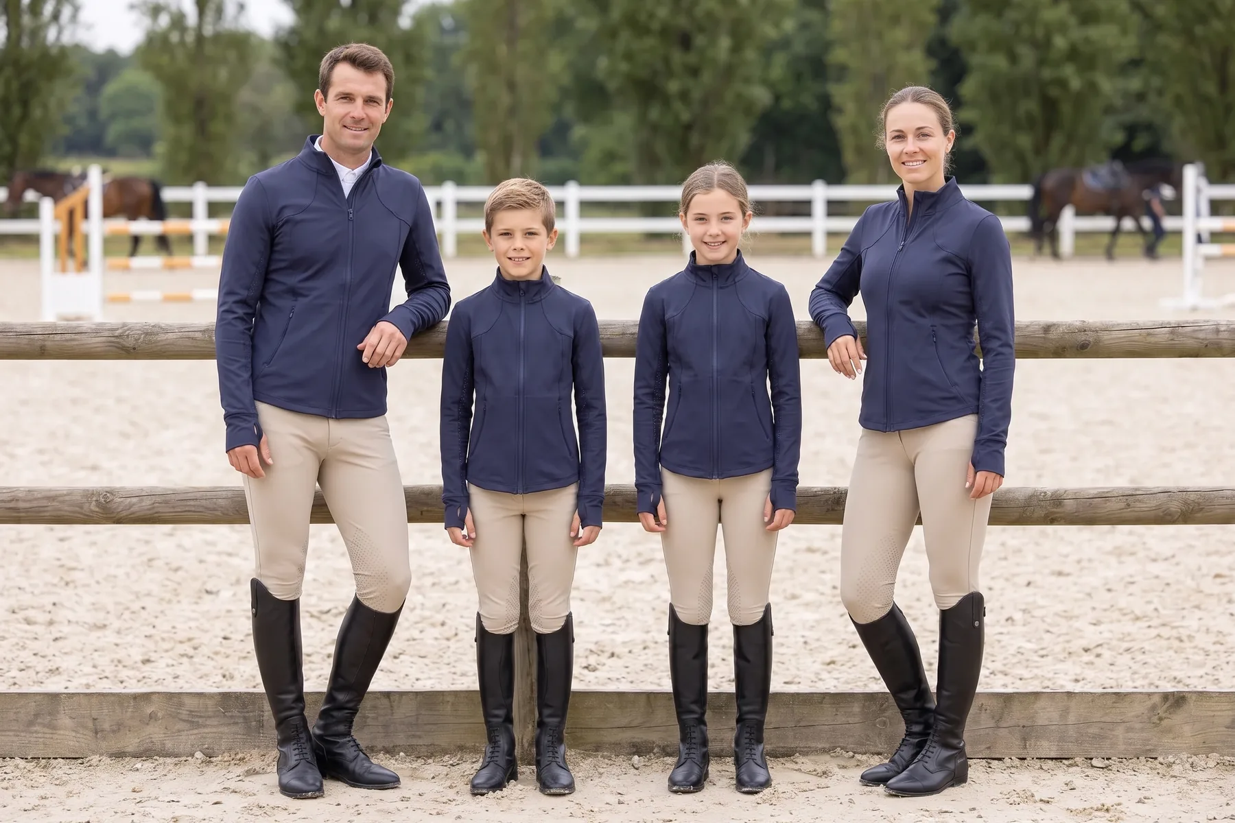 Deux adultes et deux enfants en veste marine zippée à col montant, devant la lisse de la carrière
