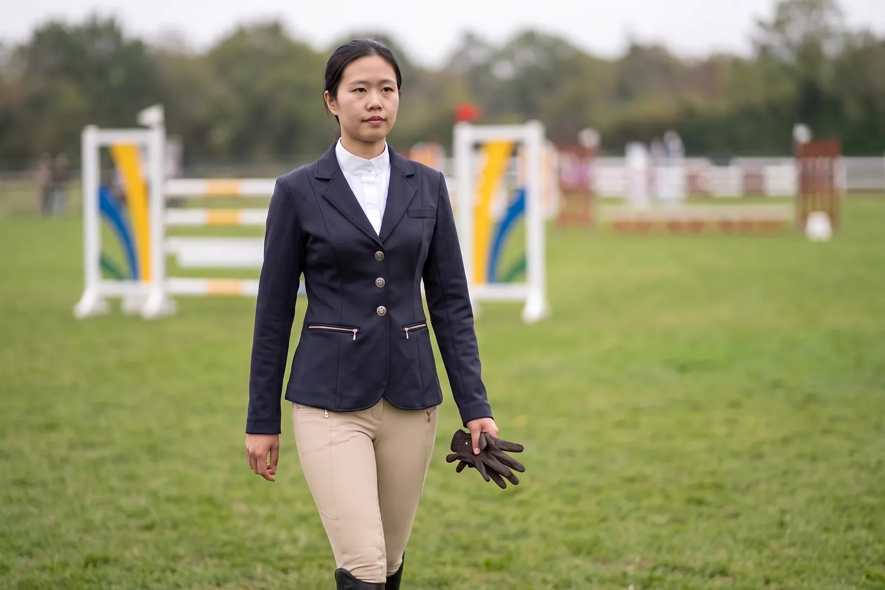 Cavalière en veste de concours marine à revers cranté, trois boutons métal et poches zippées en biais, sur un terrain de concours