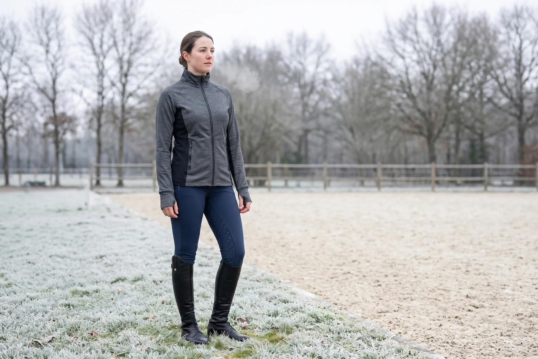 Cavalière en veste grise à côtés noirs et pantalon d’équitation marine sur une carrière givrée