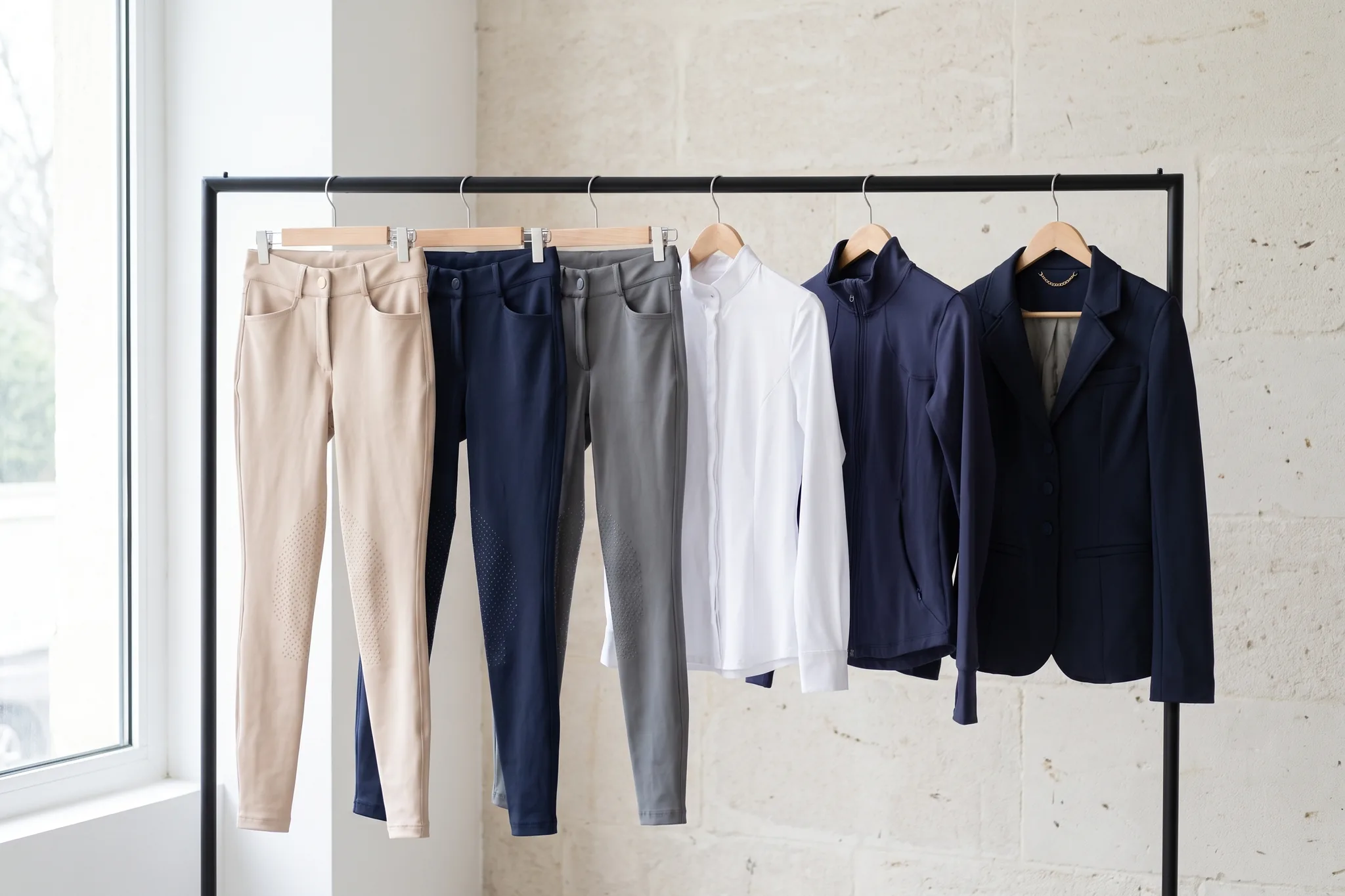Portant de modèles de vêtements d’équitation prêts à être déclinés