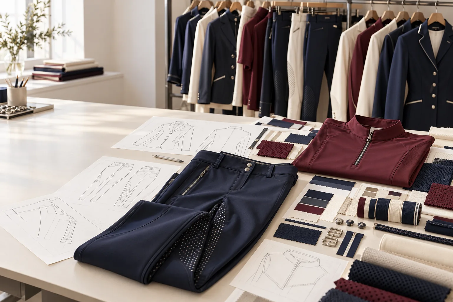 Table de développement : croquis, pantalons et hauts d’équitation posés côte à côte avec les nuanciers