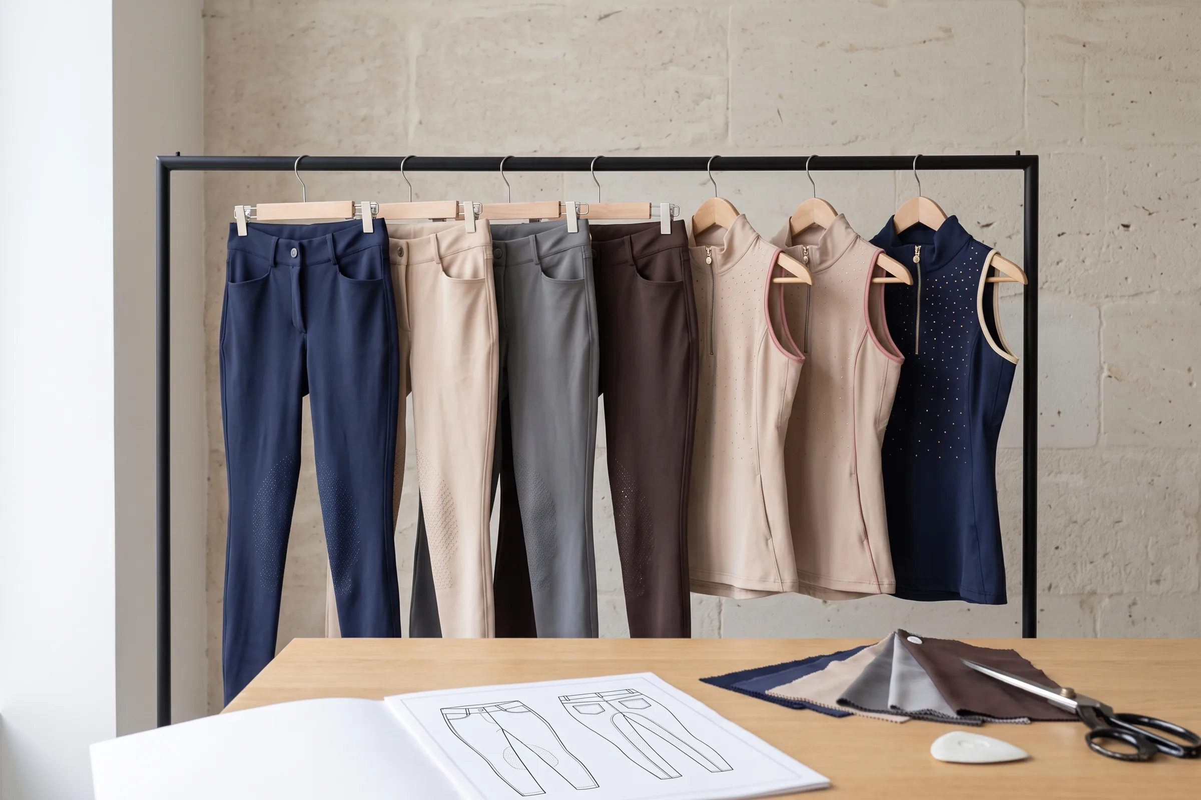 Vêtements d’équitation en marque blanche : un même pantalon et un même haut de concours en plusieurs coloris sur un portant, fiche technique dessinée sur la table