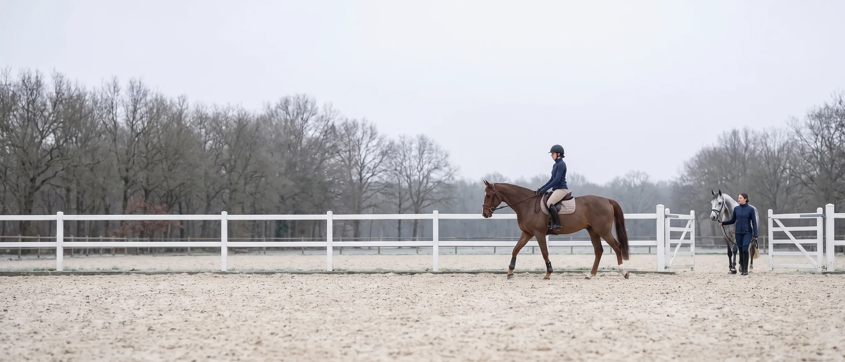 Carrière d’hiver bordée d’arbres nus, une cavalière au pas et une monitrice près de la lisse, toutes deux en veste marine