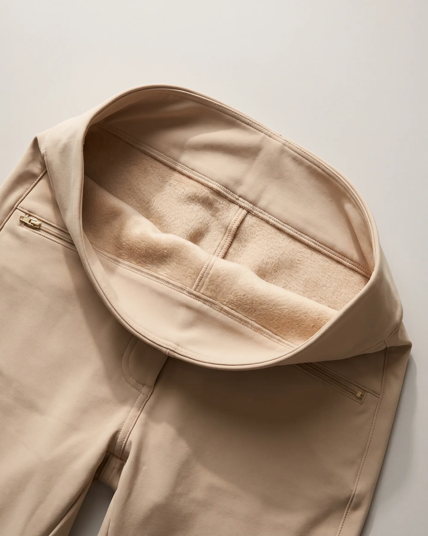 Ceinture d’un pantalon d’équitation d’hiver sable retournée, doublure polaire visible à l’intérieur