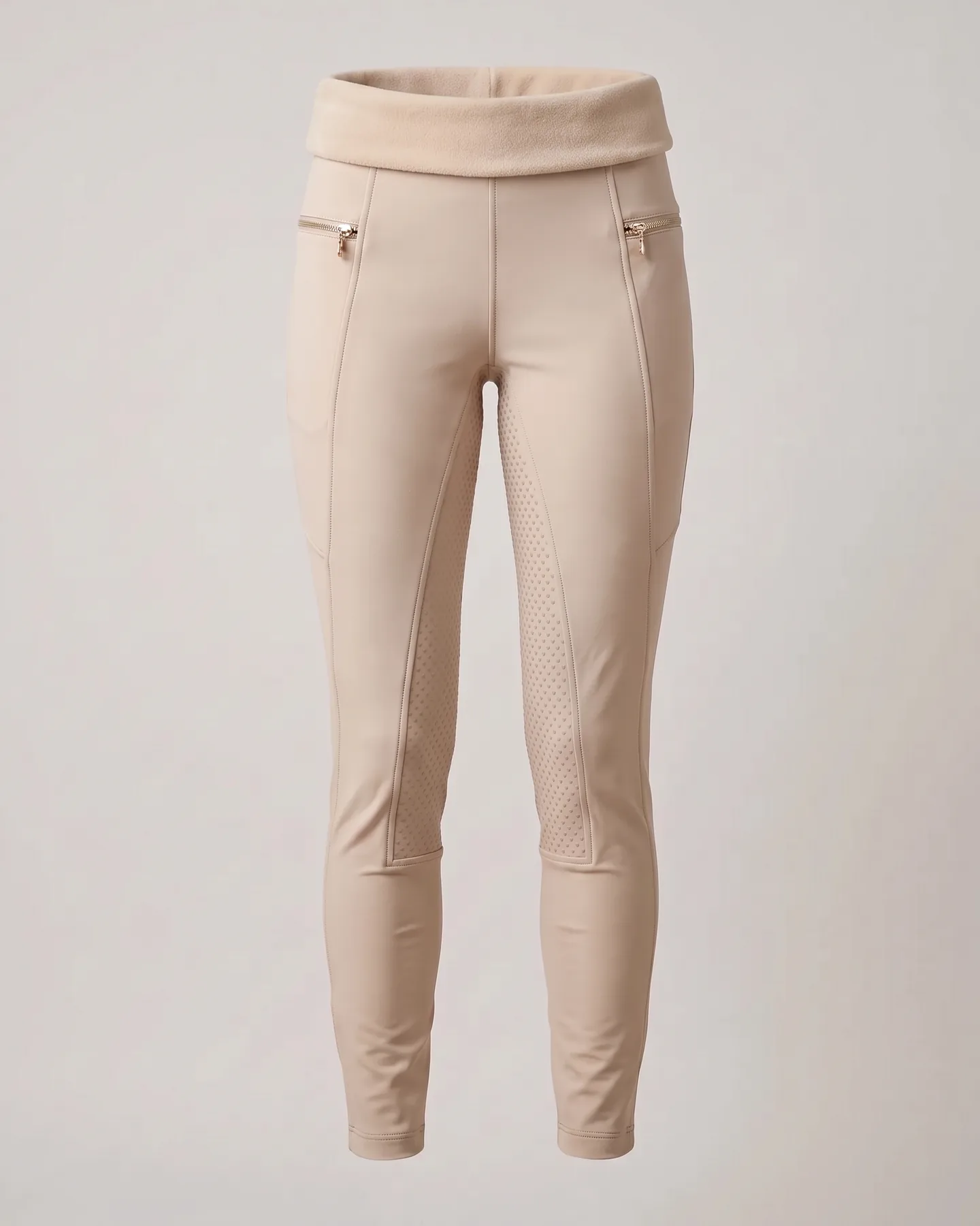 Pantalon d’équitation d’hiver femme sable doublé polaire, ceinture large et plate légèrement retournée sur la doublure