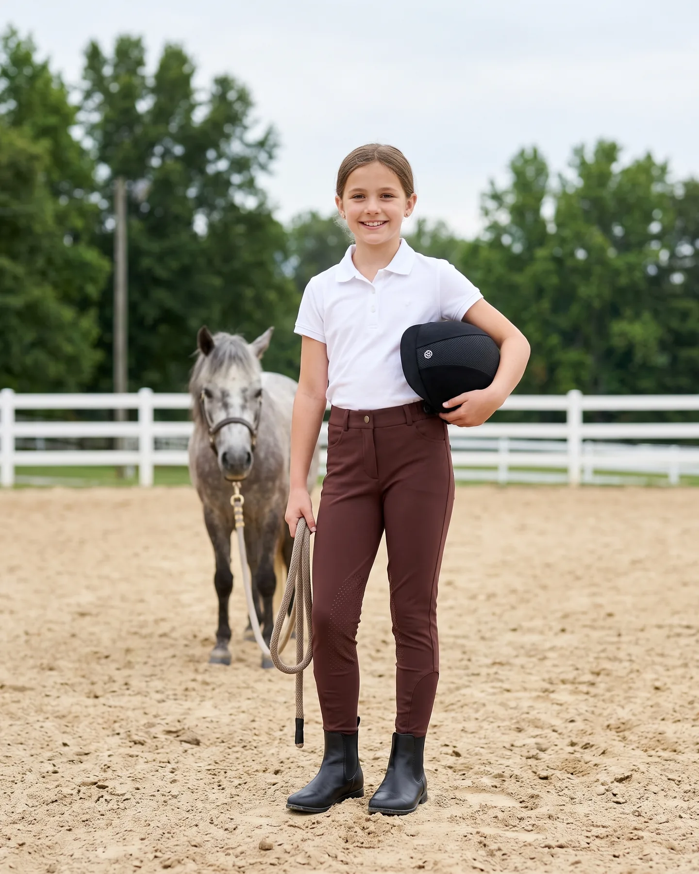 Jeune cavalière en pantalon d’équitation enfant marron avec grip aux genoux