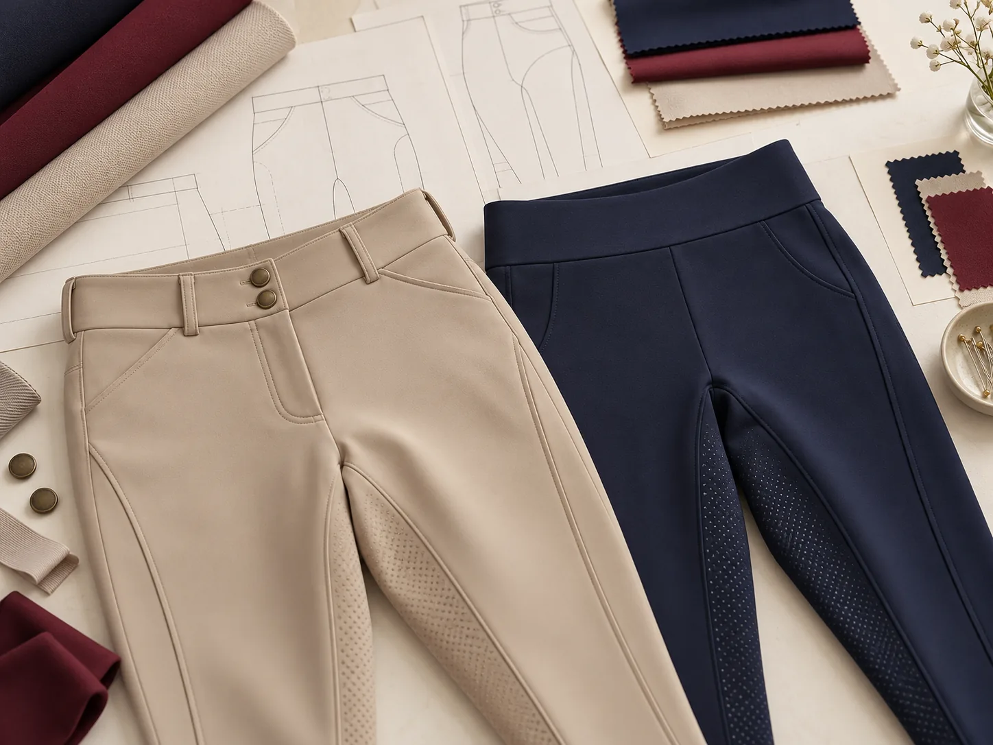 Ceintures de pantalons d’équitation femme posées sur la table de coupe