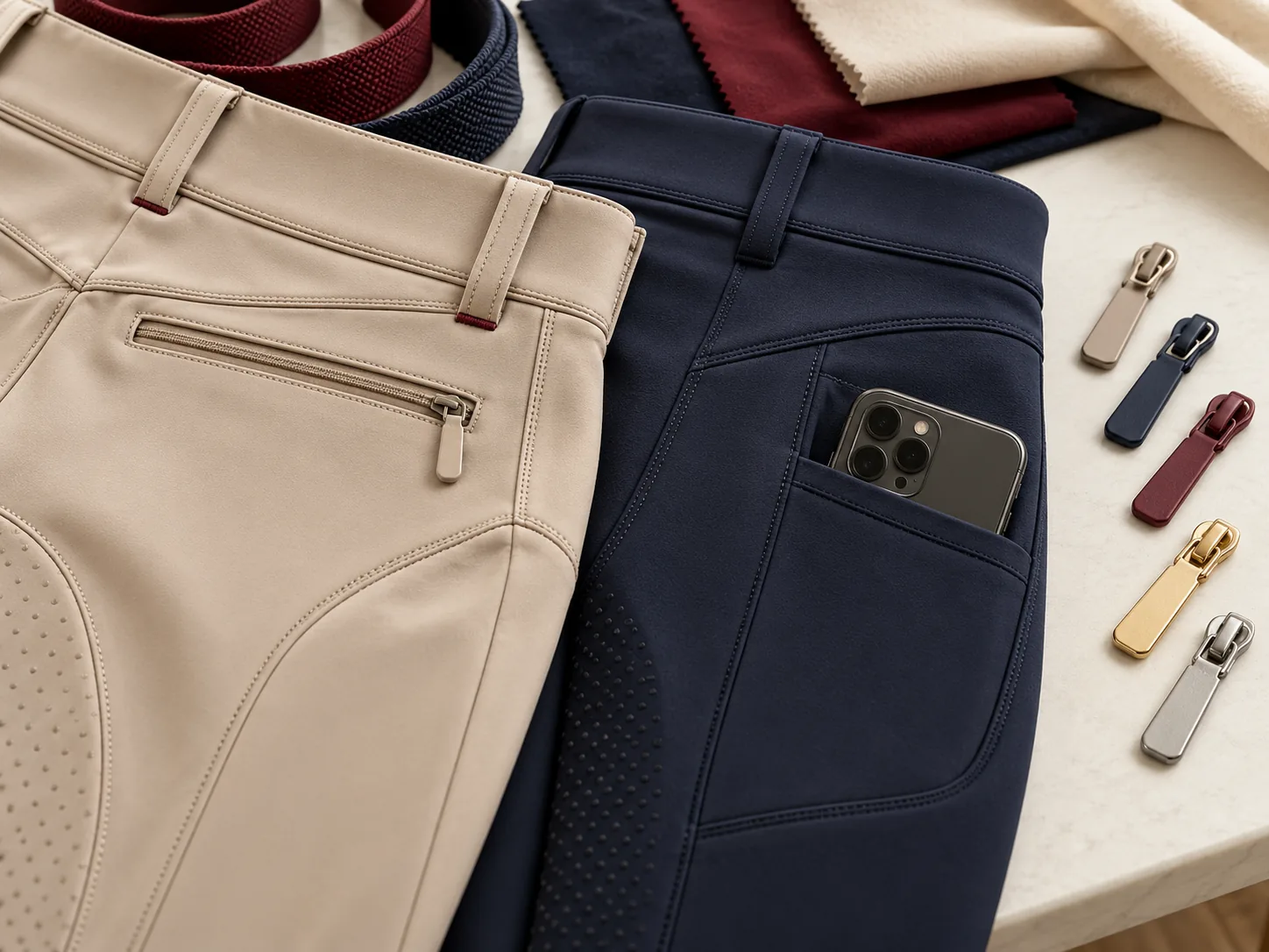Poche zippée et tirette sur le devant d’un pantalon d’équitation sable
