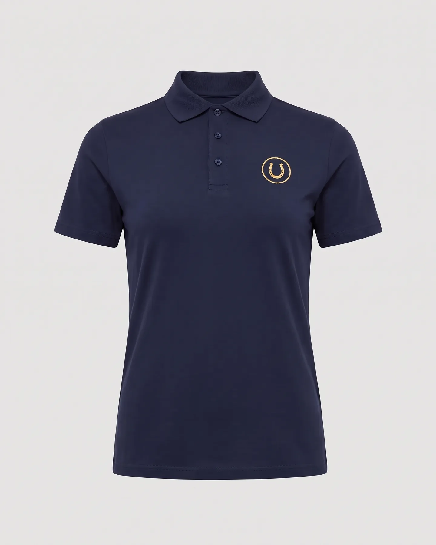 Polo d’équitation personnalisé marine à col polo, patte boutonnée et manches courtes, logo brodé sur la poitrine
