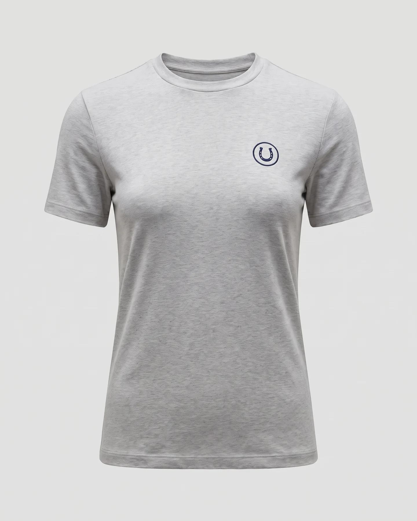T-shirt d’équitation gris clair à col rond et manches courtes, logo brodé au centre de la poitrine