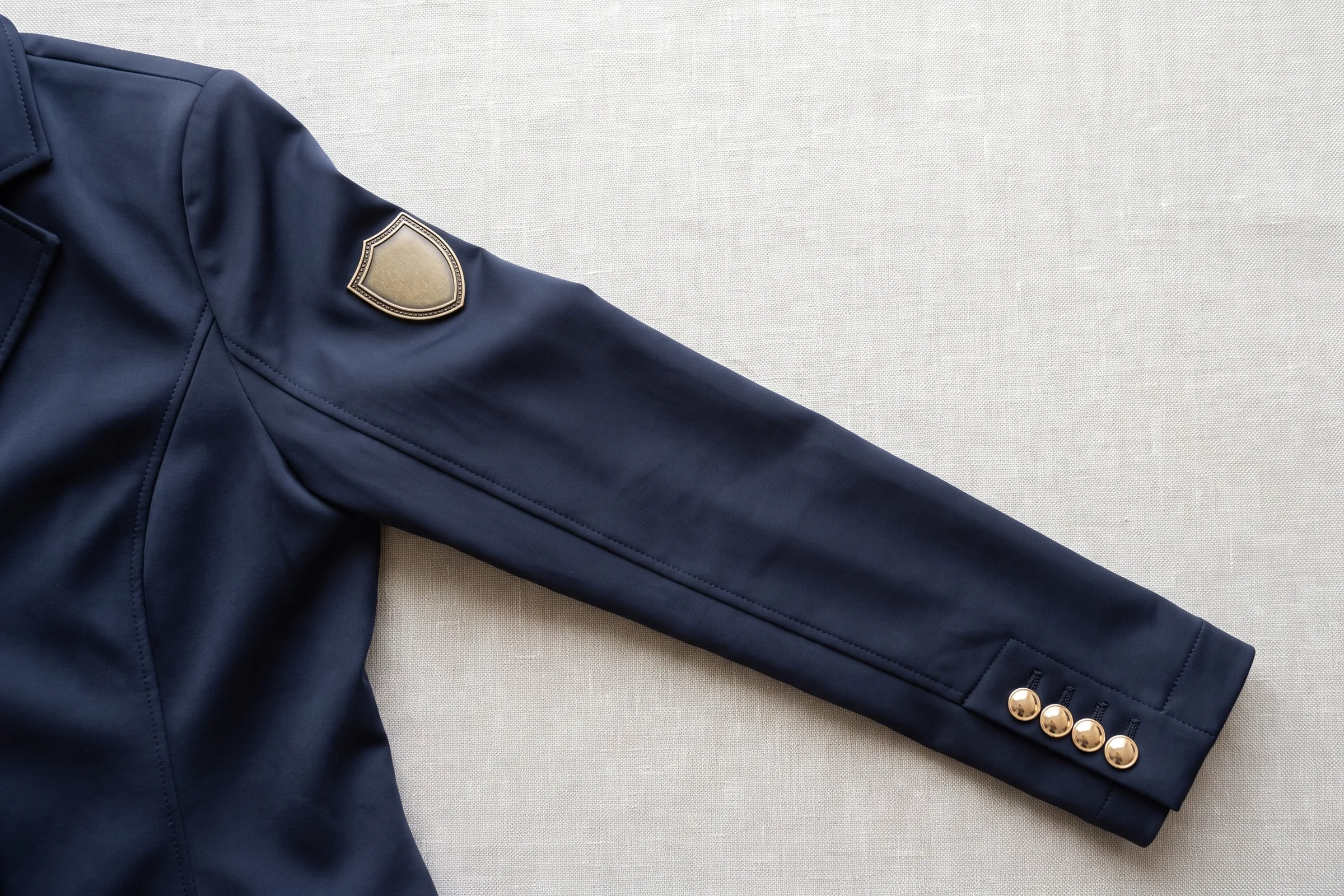 Manche de veste de concours marine à plat : emblème métal sous l’épaule et quatre petits boutons dorés au poignet