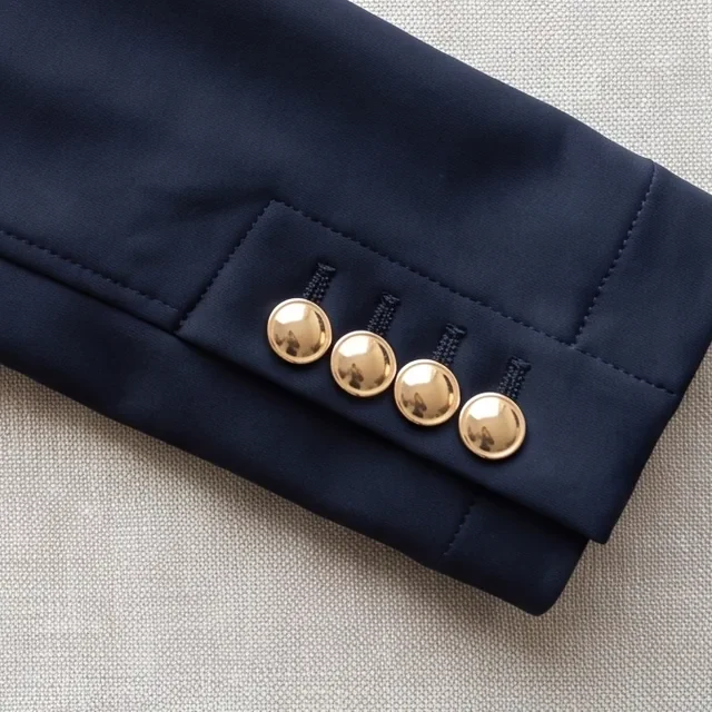 Quatre petits boutons métal dorés au poignet d’une veste de concours marine