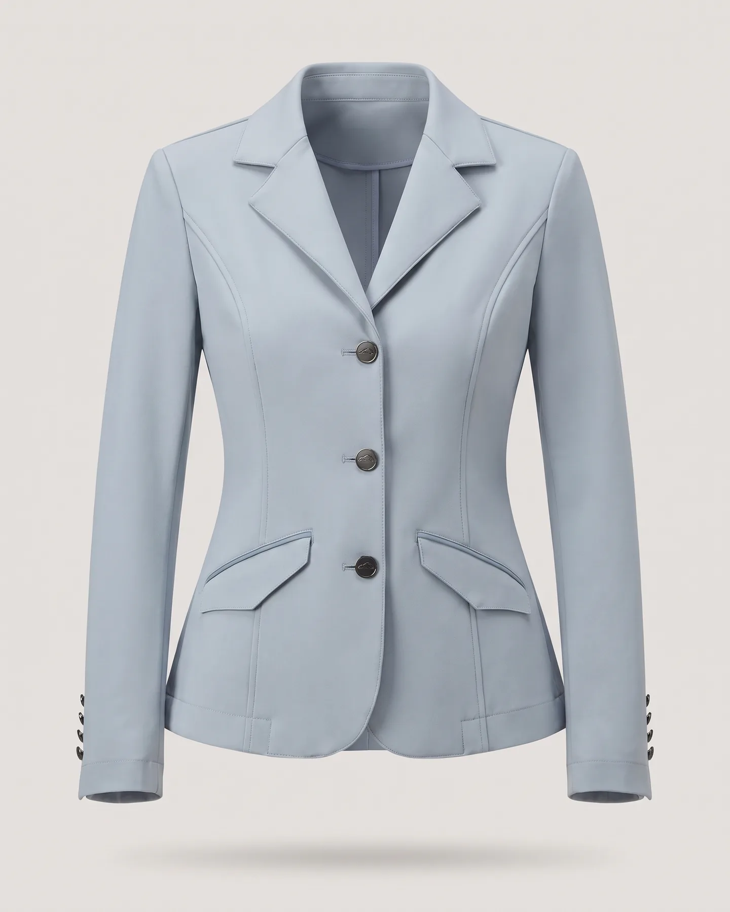 Veste de concours personnalisée femme bleu-gris clair, cintrée, trois boutons et rabats passepoilés