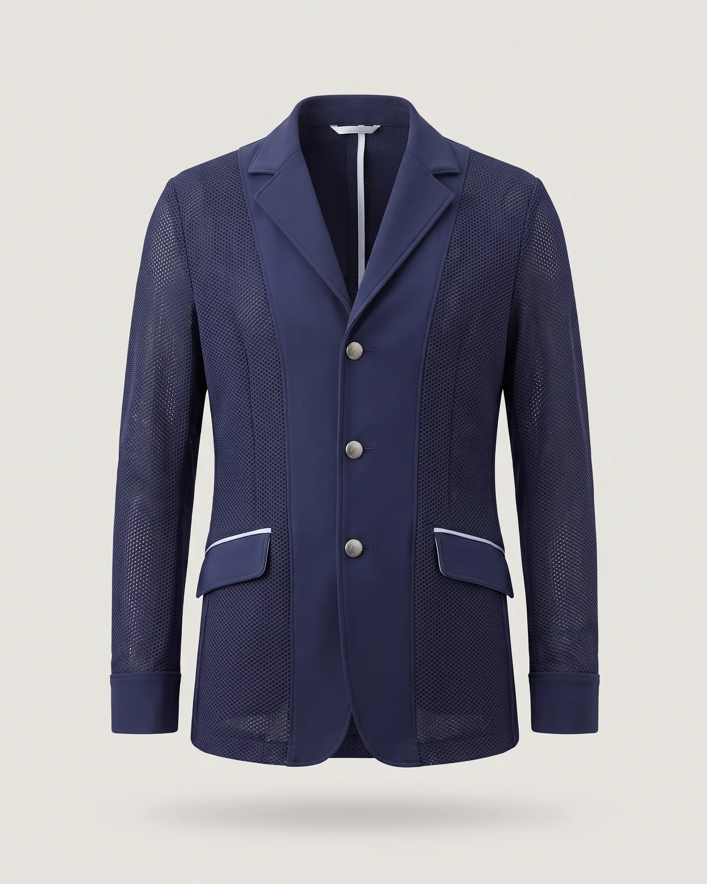 Veste de concours personnalisée homme marine à panneaux en mesh, trois boutons et rabats passepoilés