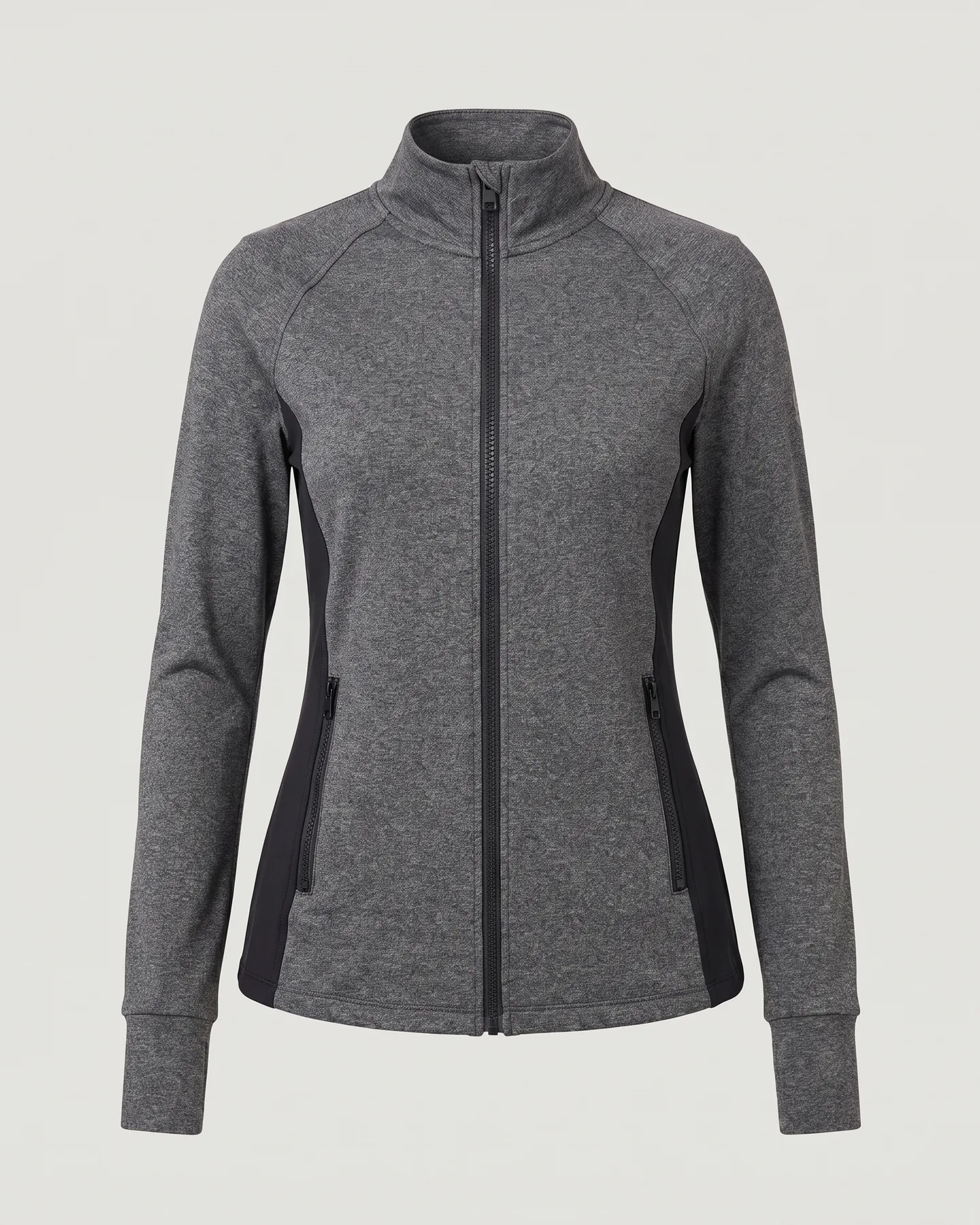 Veste d’équitation personnalisée grise à col montant, zip intégral, empiècements latéraux noirs et deux poches zippées
