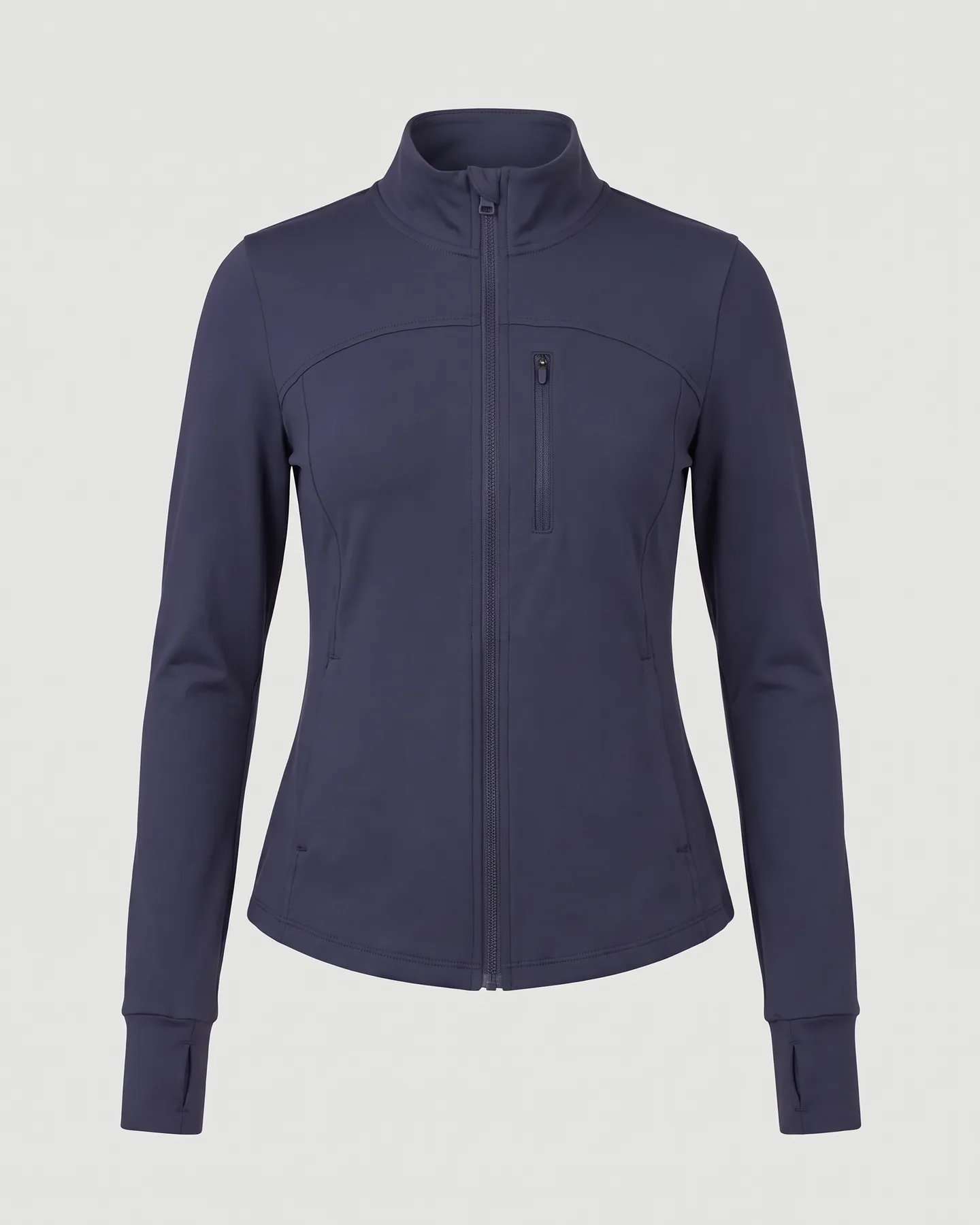 Veste d’équitation personnalisée marine à col montant, zip intégral, découpe arrondie sur la poitrine, poche zippée et passe-pouce