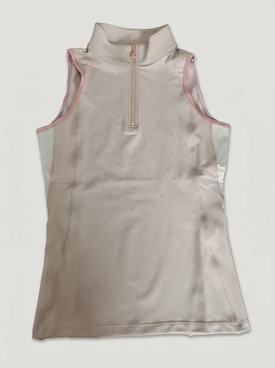 Chemise de concours d’équitation sans manches sable à liseré rose et semis de strass, à plat