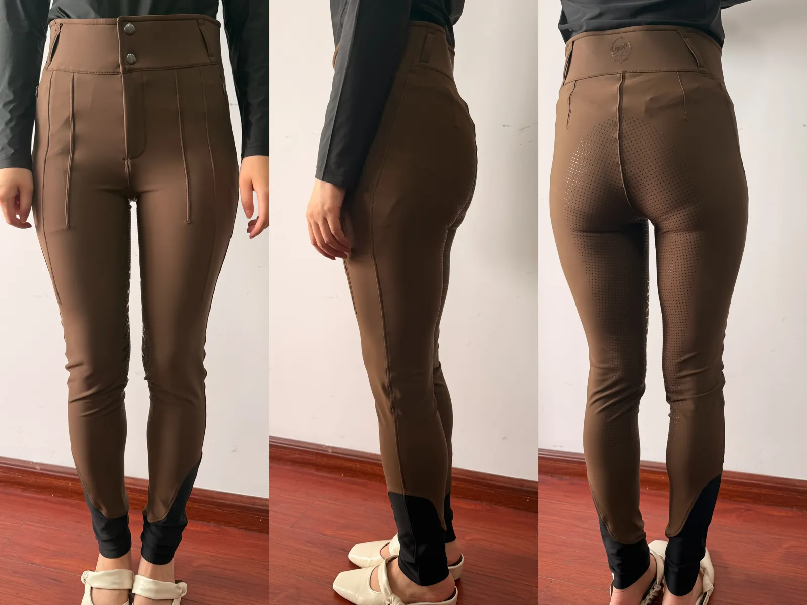 Pantalon d’équitation marron porté de face, de profil et de dos, bas de jambe monté dans un tissu plus fin